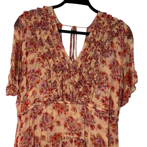 The Kooples Paris S Cottagecore Ruffle Midi Dress Tan Pink Floral Flowy Chiffon - Picture 16 of 16